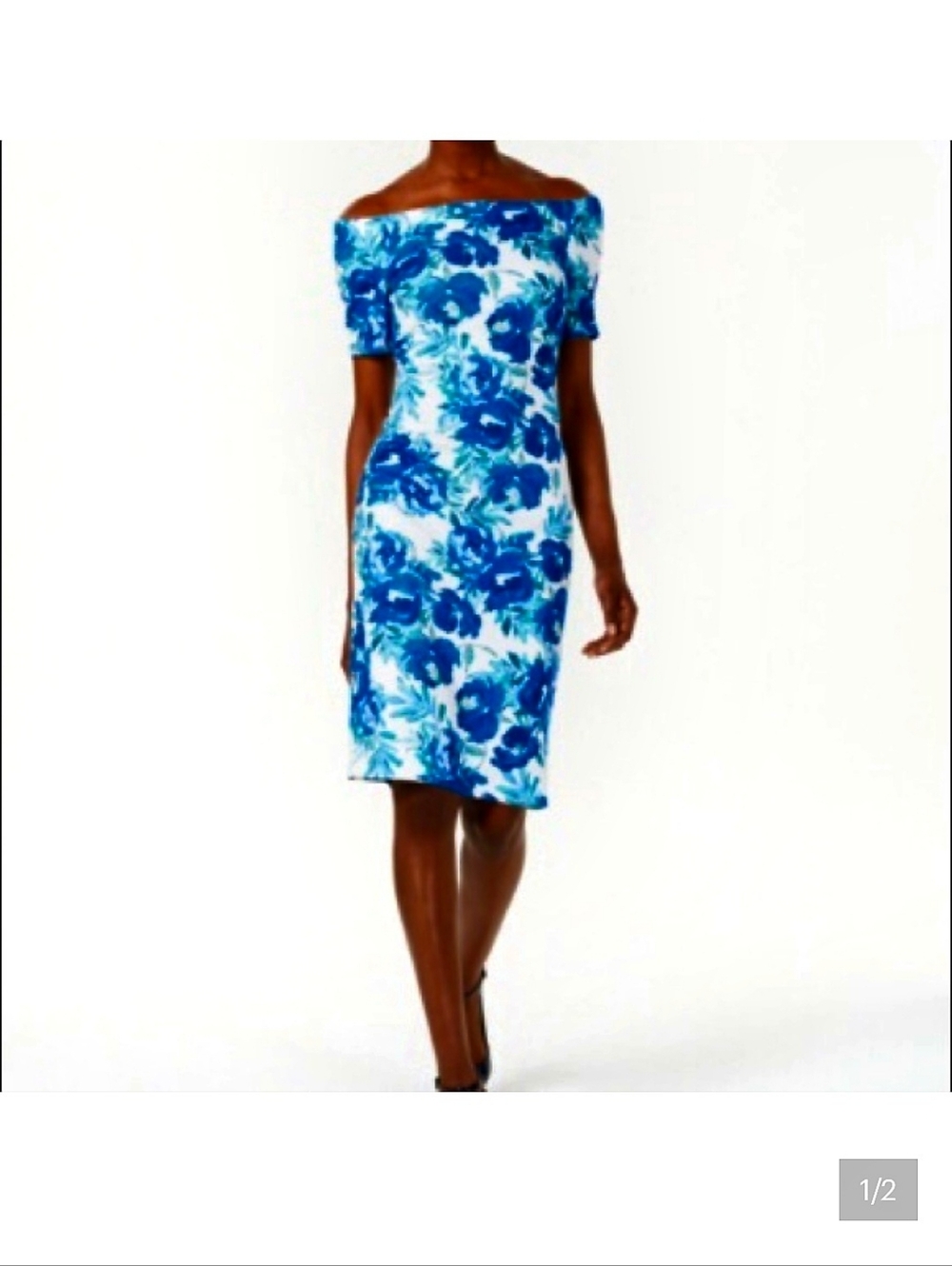 Calvin Klein White Off The Shoulder Midi Dress with Blue Floral Watercolor 2P